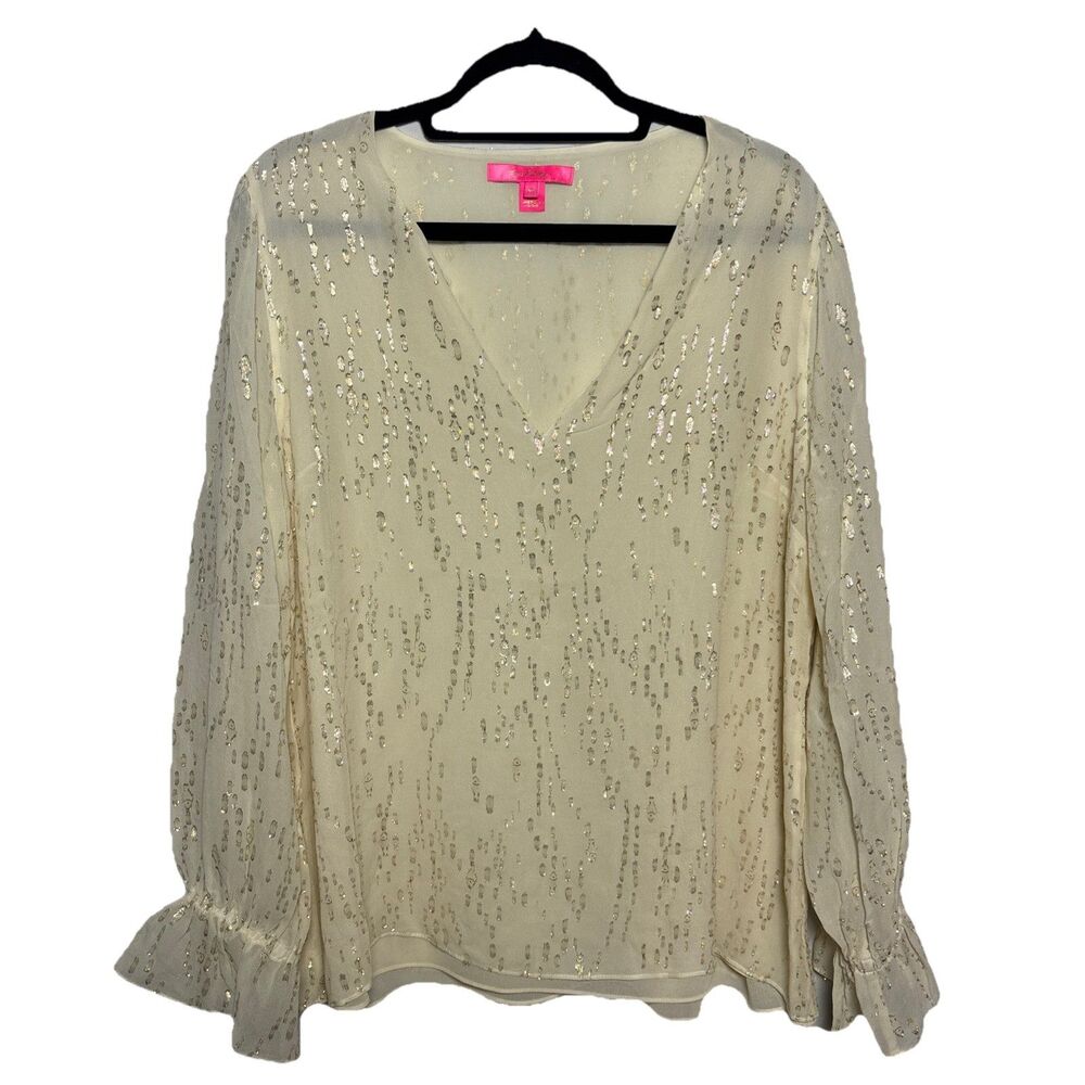 Lilly Pulitzer SZ XL the ELLAREY Blouse metallic Gold 100% Silk glam evening